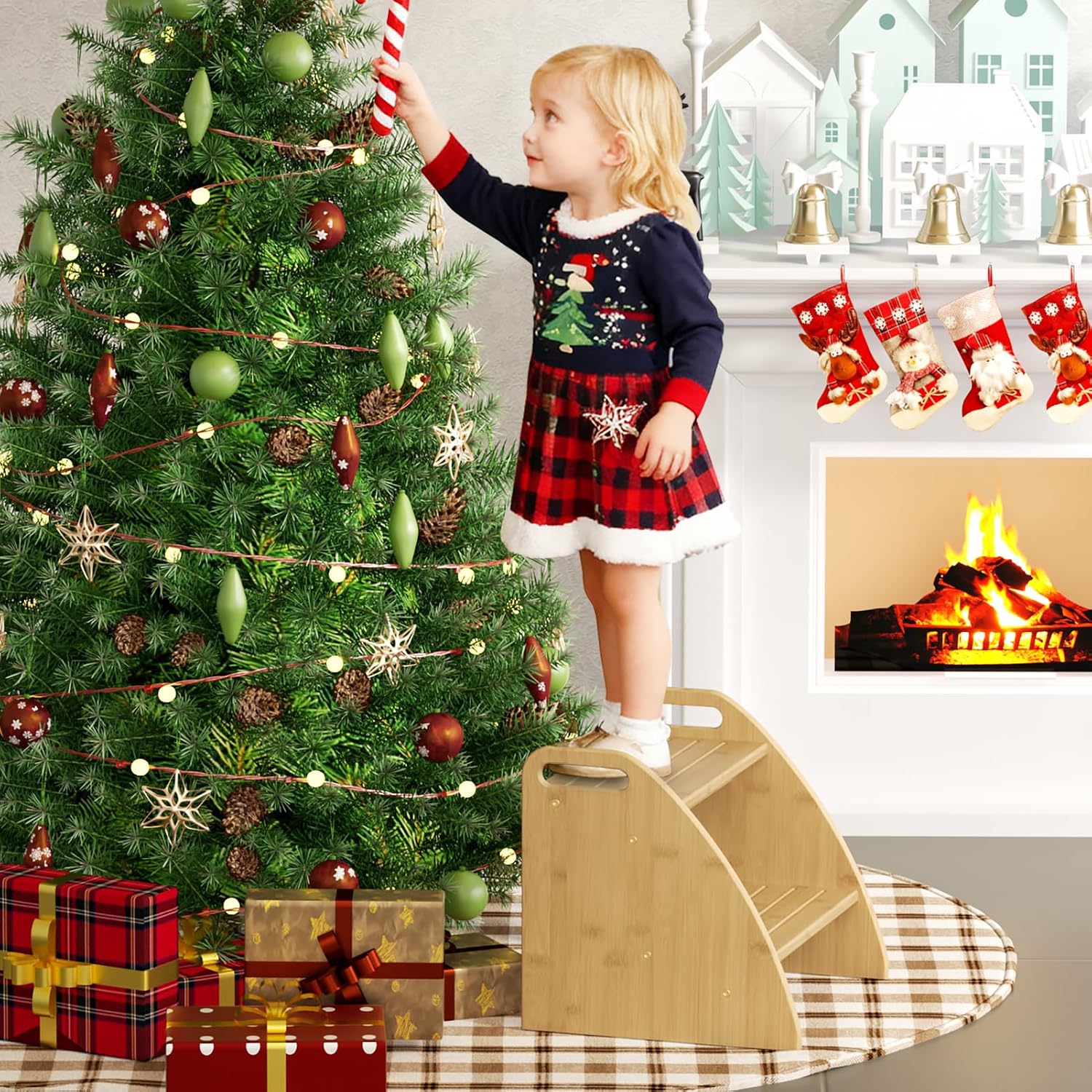 Bamboo 2 Step Stool 300lbs Capacity, Wooden Two Step Stool with Non-Slip Handles, Heavy Duty Stepping Stool for Bedside High Beds Adults, Sturdy Small Bathroom Kitchen Wooden Step Stool