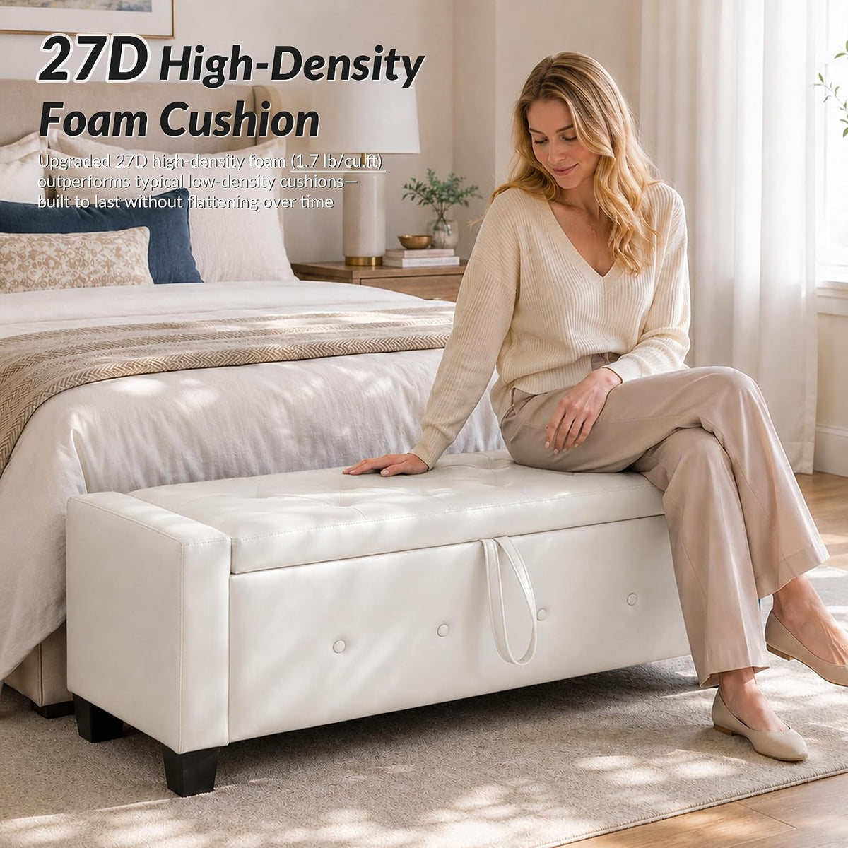 extrasleep 48" White Storage Ottoman Bench, Faux Leather Upholstered Tufted Ottoman, PU Bench for Bedroom Living Room Entryway Hallway, Large Leather End of Bed Benches, Lvory White