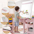 5-in-1 Kids Art Table and Chairs Set, Convertible Toddler Table and Chair Set with Art Easel, Paper Roll Holder, Storage Drawers and Craft Play Desk, Wooden Activity Learning Table for Kids, Pink
