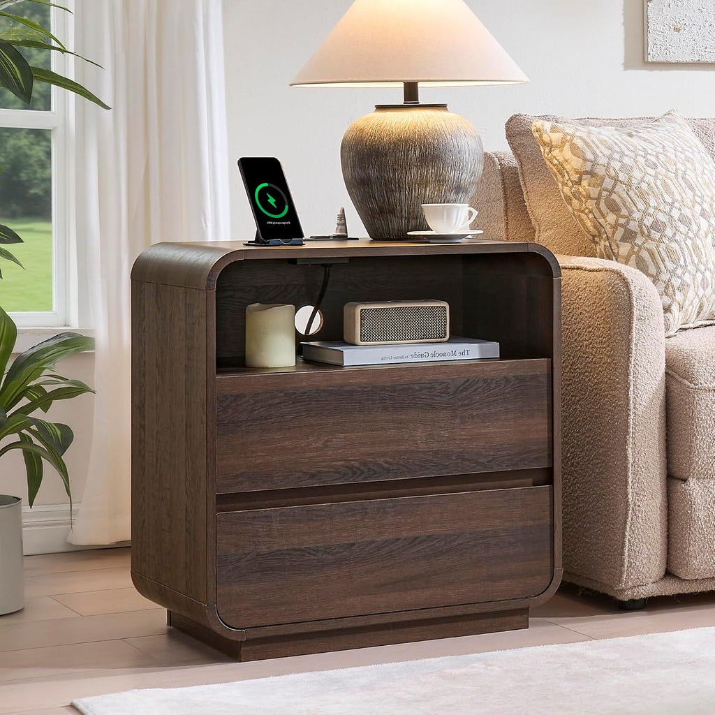 Standifurno Modern Nightstand Set of 2, 23.2" Wide Wood Bedside Table with Charging Station, 2 Storage Drawers Side Table Curved Profile, Handleless, Large End Table Night Stand for Bedroom, Walnut