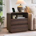 Standifurno Modern Nightstand Set of 2, 23.2" Wide Wood Bedside Table with Charging Station, 2 Storage Drawers Side Table Curved Profile, Handleless, Large End Table Night Stand for Bedroom, Walnut