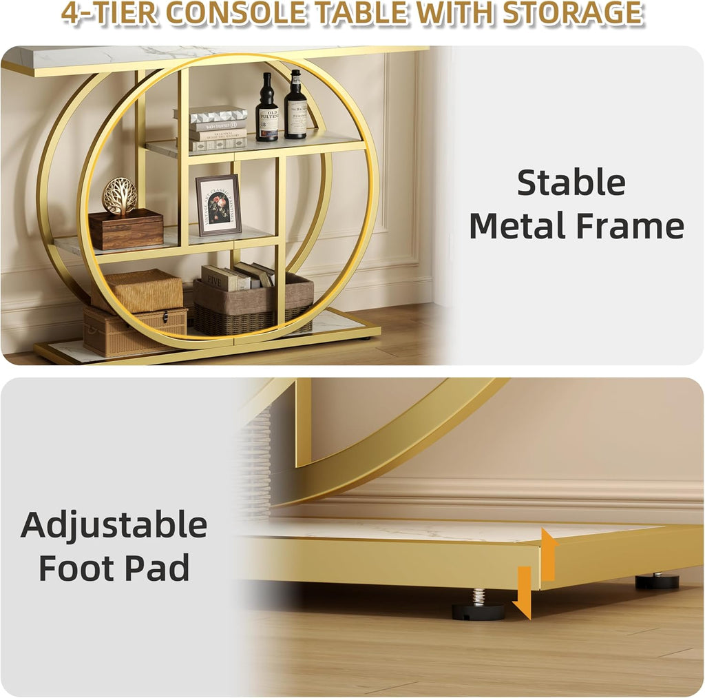 Shintenchi 41.3” Console Table with Storage, Industrial Entryway Table with Marble Top, 4-Tier Shelves Sofa Table Behind Couch, Narrow Accent Table for Living Room, Entryway, Hallway, Foyer,White Gold
