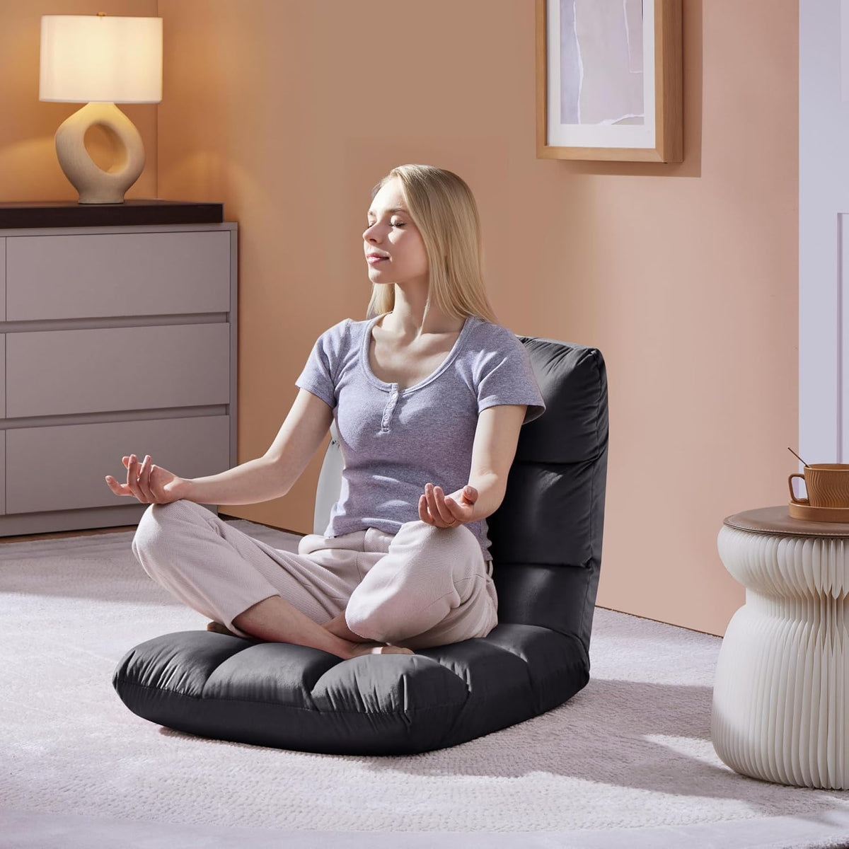 Yaheetech 14-Position Folding Floor Chair with Adjustable Back Support Gray | Velvet Floor Gaming Chair with Thick Foam, Iron Frame Floor Seat, Easy to Store, Lazy Recliner for Yoga Meditation