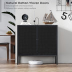 Brafab Black Sideboard Buffet Cabinet with Natural Rattan Decorated Doors, 31.5" W Rattan Credenza Storage Cabinet, Boho Cabinet for Living Room, Entryway, Dining Room/Square Doors