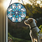 Stained Glass Window Hanging - Blue White Abstract Flowers Suncatcher for Door Terrace Garden Home Decor Boho Sun Catcher Birthday Gifts for Lovers Women Men Dad Mom Nana 11.8 in
