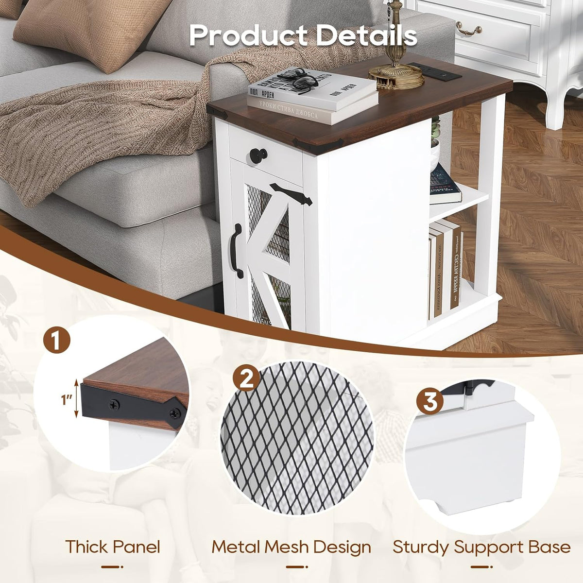 SUNSITT Side Table with Charging Station, Farmhouse End Tables with Back Storage Shelf, Outlets & USB Ports, Night Stand with Storage Cabinet Drawer Adjustable Shelf, White