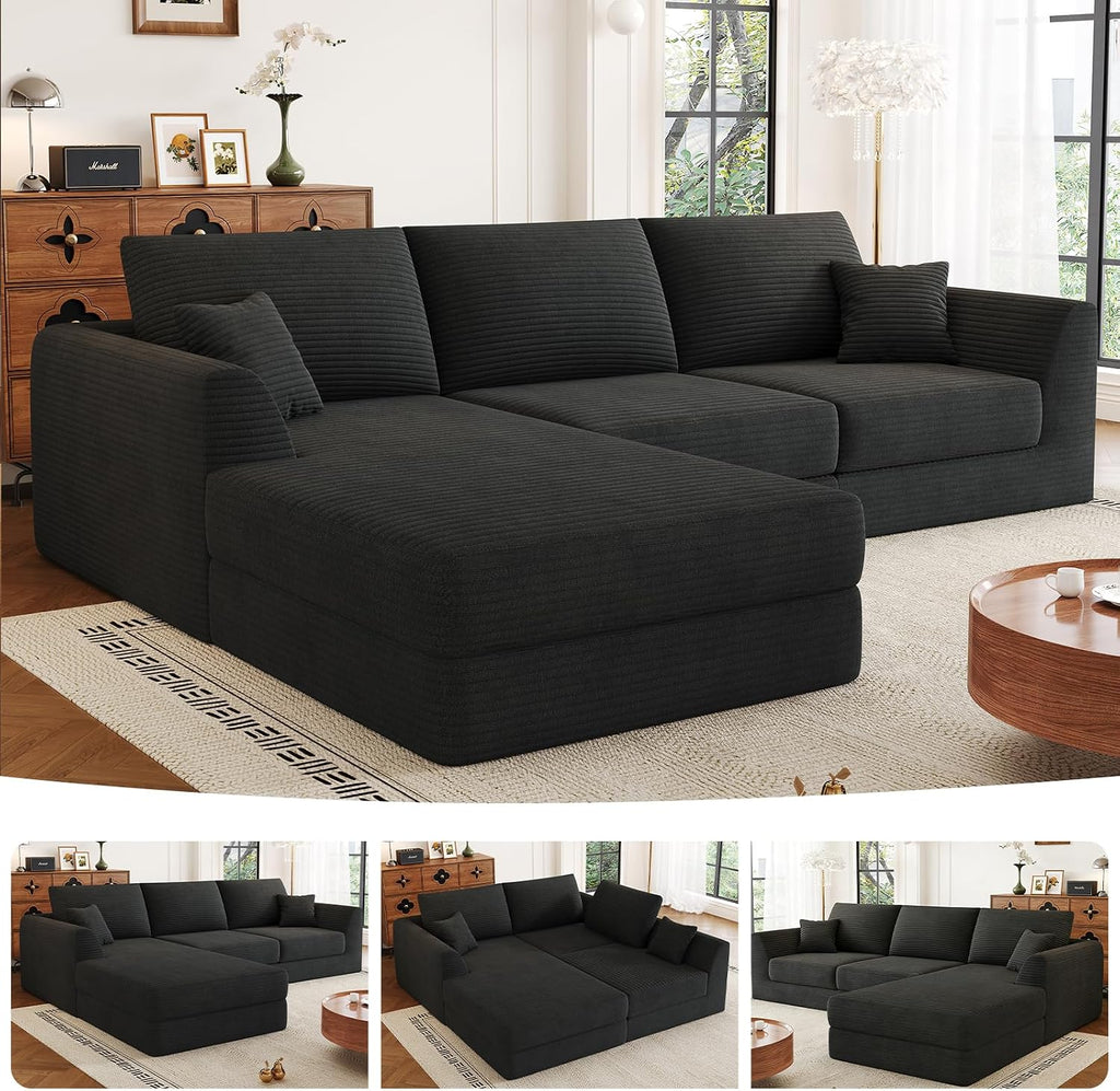 106" Modular Sectional Sofa with Deep Seat, L-Shaped Corduroy Couch with Reversible Chaise, 3-Piece Set for Living Room Bedroom Apartment, No Assembly Required