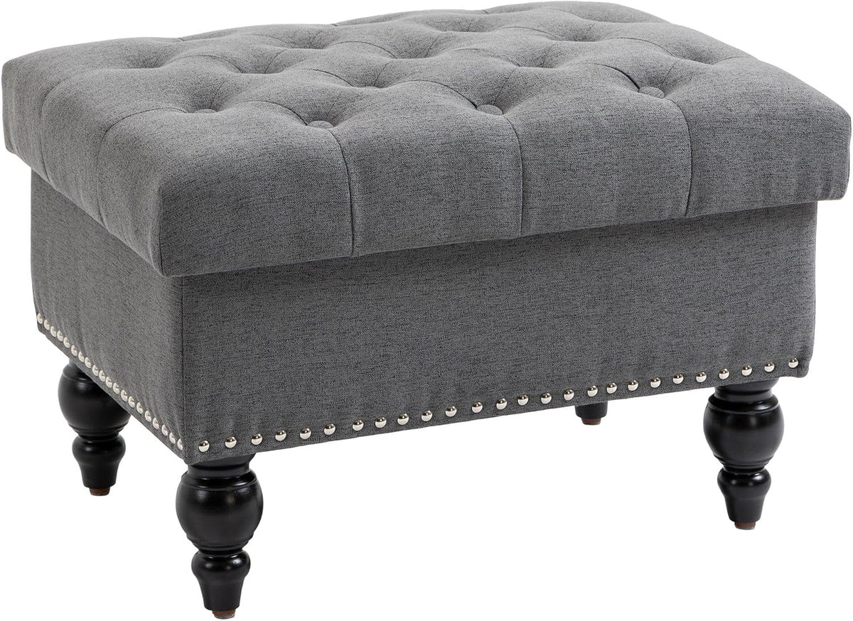 Gray Storage Ottoman with Removable Lid and Tufted Button Top