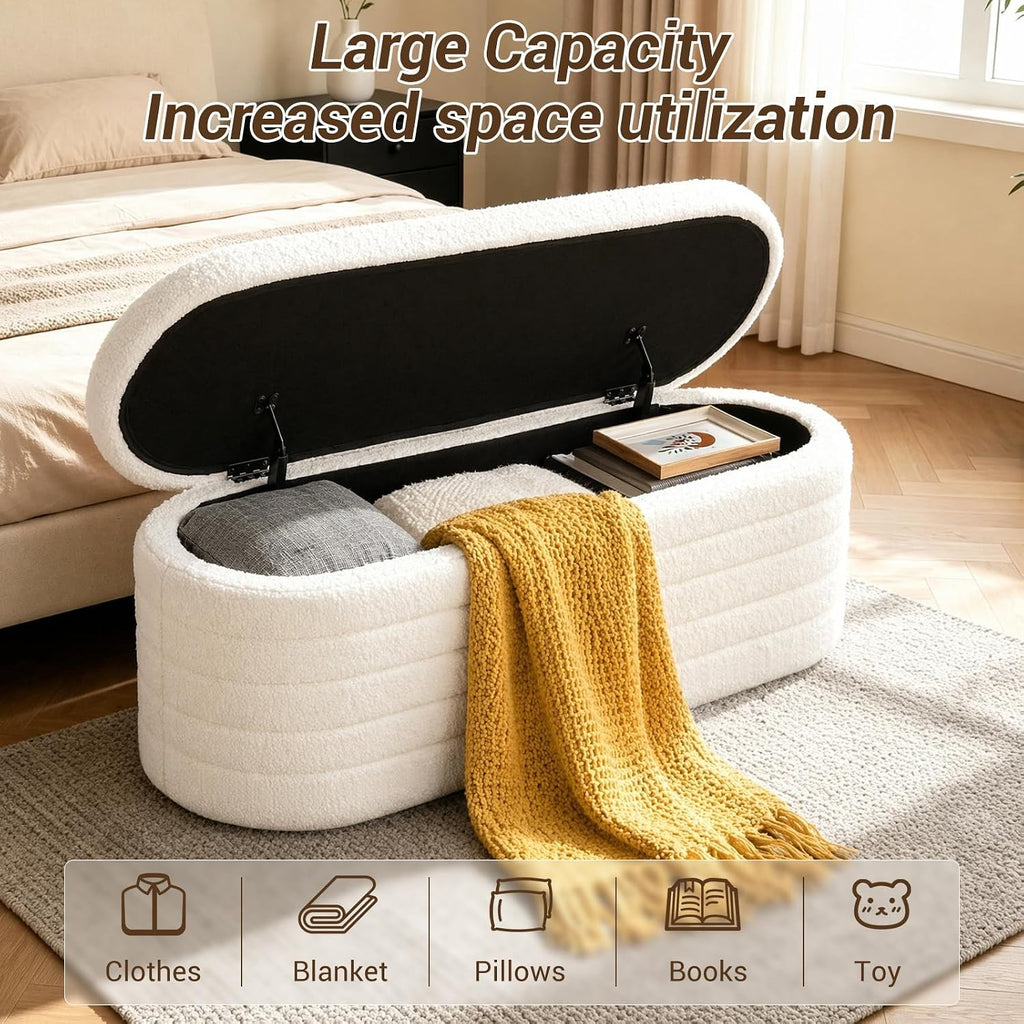 Ottoman with Storage 45.5" Storage Ottoman Bench White | Teddy Upholstered Entryway Bench Hidden Storage, No Assembly, Cozy, for Living Room, Bedroom, Apartment