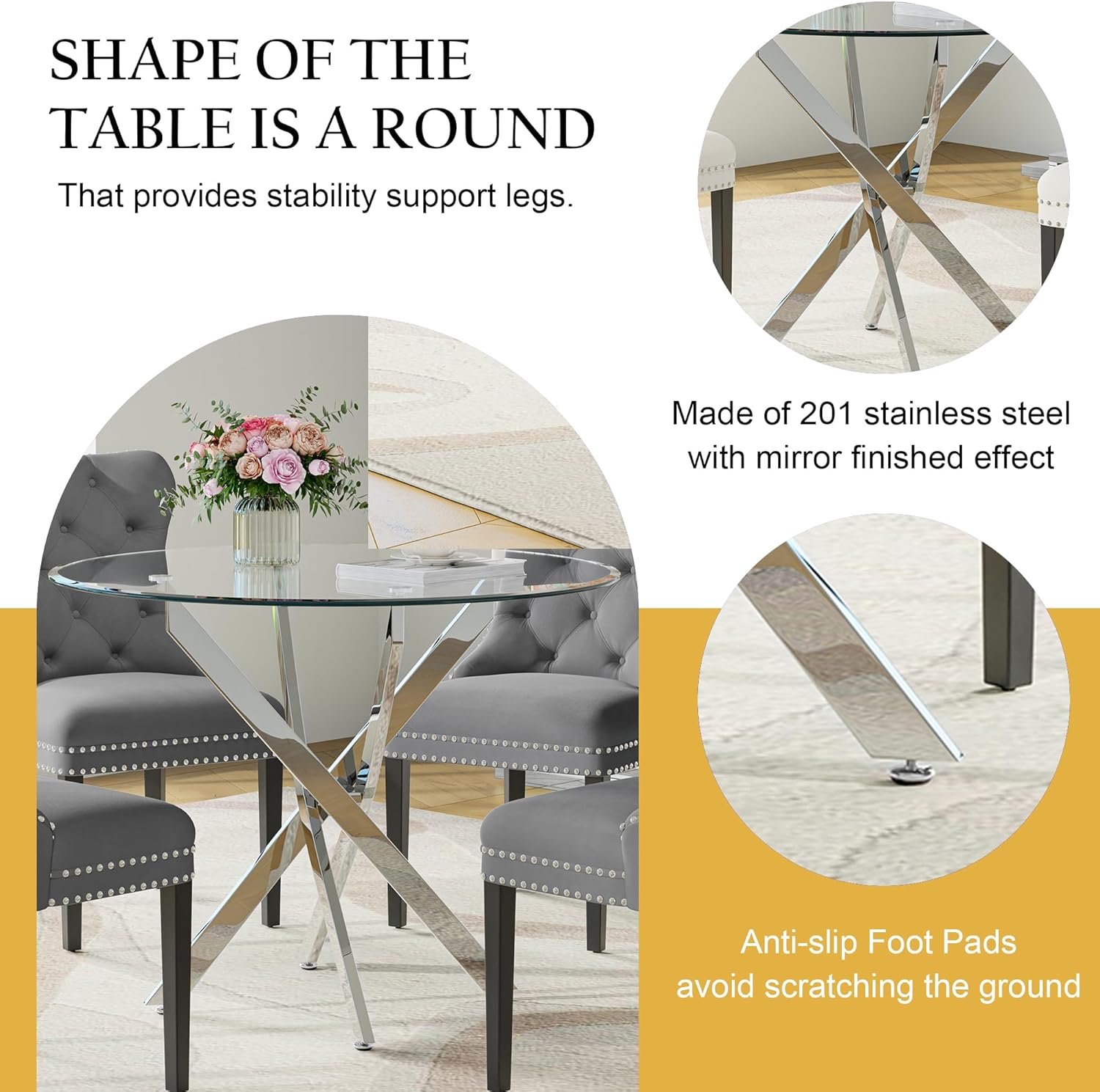Round Glass Dining Table Set for 4, Modern 36 Inch Glass Kitchen Table with Silver Stainless Steel Legs and 4 Grey Velvet Chairs, for Dining Room, Apartment, Small Space