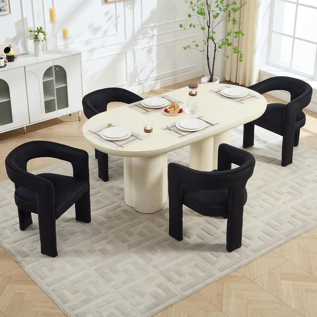 Modern Barrel Dining Chairs Set of 6, No Assembly Velvet Upholstered Dining Room Chairs with Open Back and 3 Legs, Comfy Accent Armchairs for Living Room/Bedroom/Kitchen/Reading, Black
