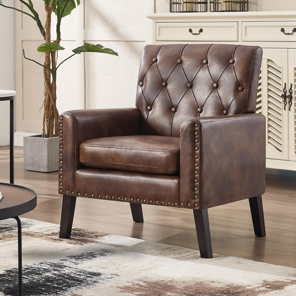 Mid Century Modern Accent Chair Set of 2, Dark Brown Faux Leather Office Chair for Reception - Tufted Leather Club Chair for Living Room, Bedroom, or Waiting Room