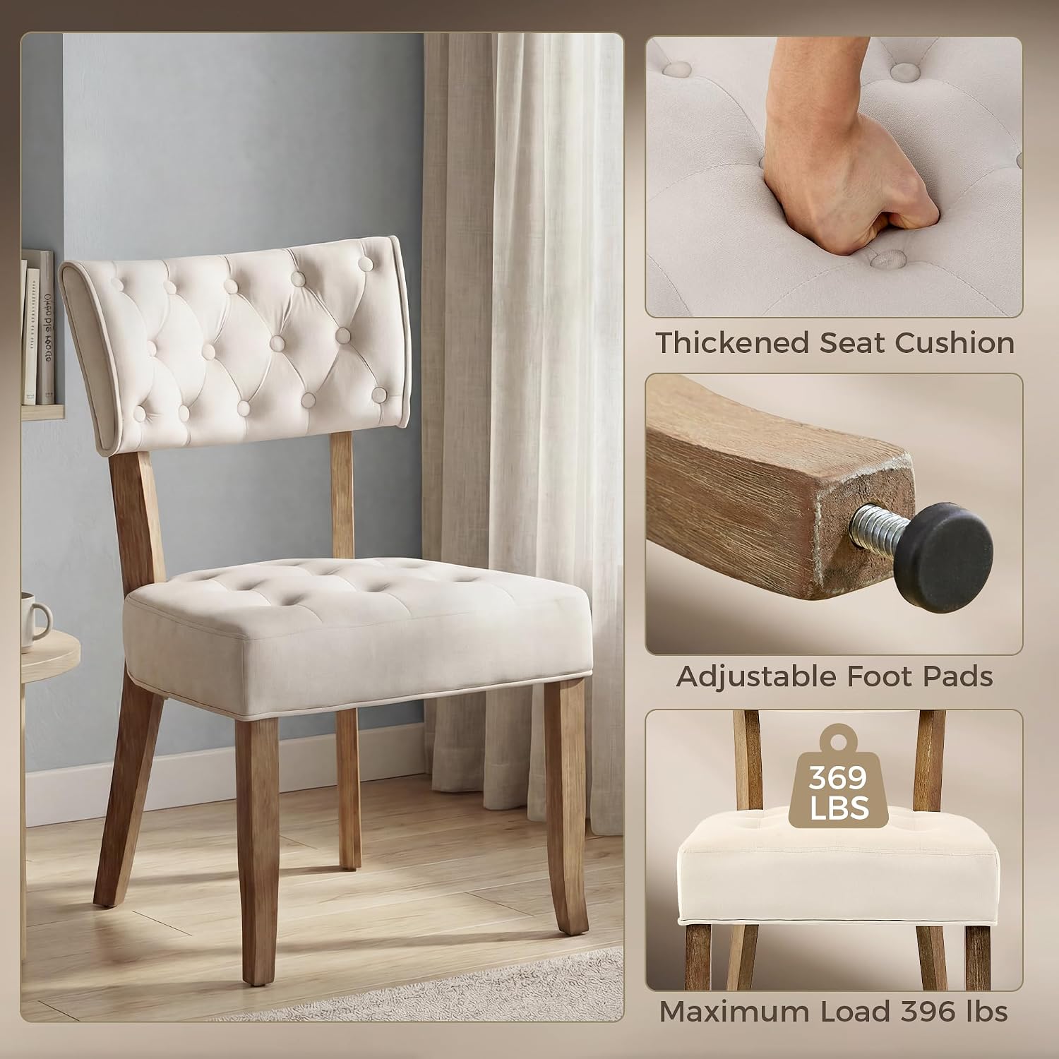 UVV Wooden Dining Chairs Set of 2, Mid Century Tufted Upholstered Kitchen Chairs Dining Room Chairs, Velvet Farmhouse Dinner Chair for Kitchen Dining Room, Beige