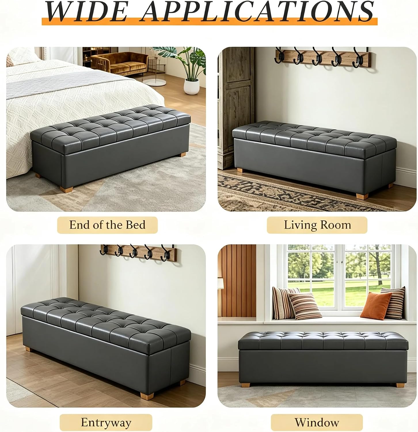 Aoiy & Wifon 60.2'' W Storage Ottoman Bench, PU Upholstered Ottoman with Storage, End of Bed Storage Bench with Wood Legs for Bedroom, Entryway, Window, Living Room, Gray