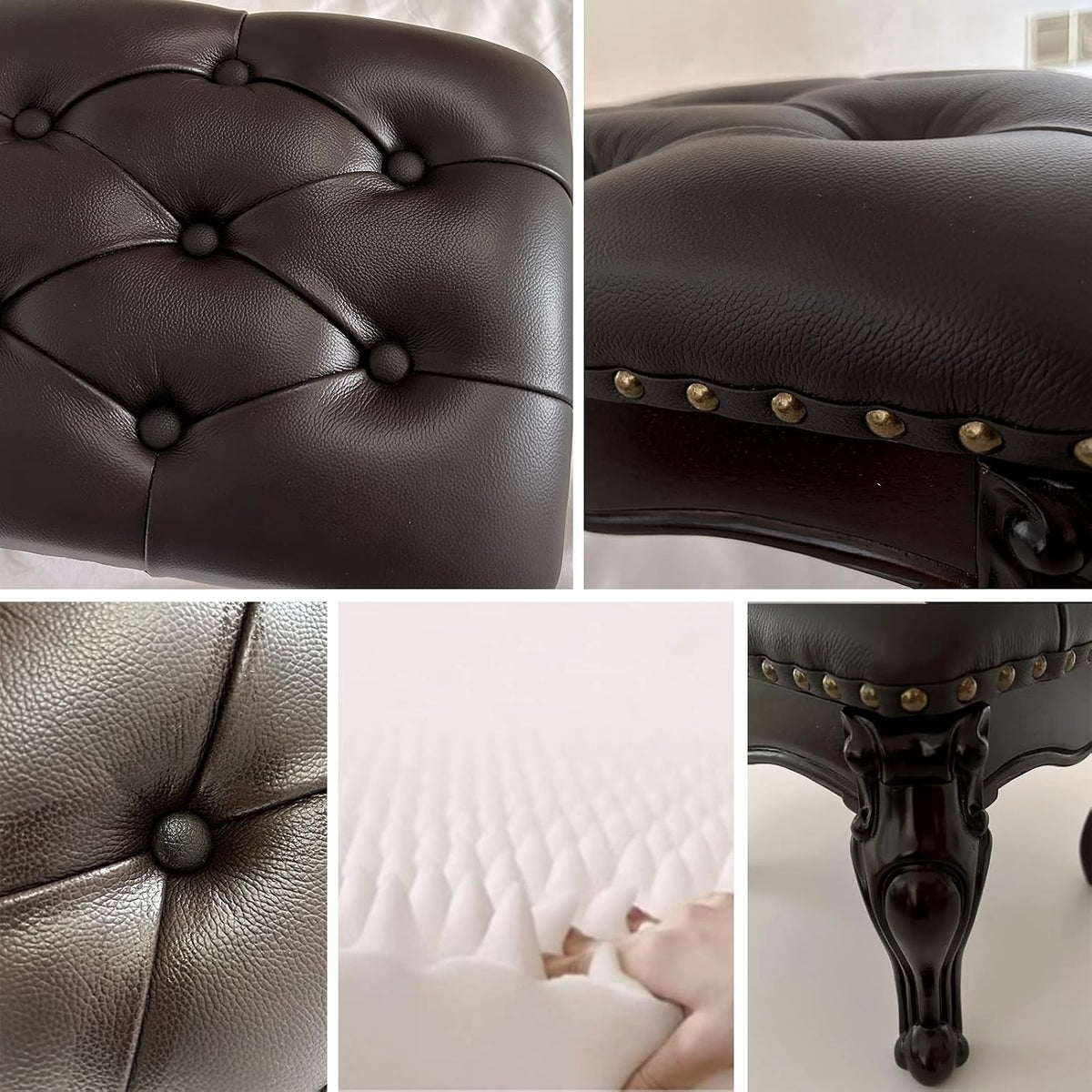 Leather Foot Stool,Vintage Footstools,Wooden Footrest,Upholstered Foot Rest for Living Room,Sofa,Entryway (Walnut)