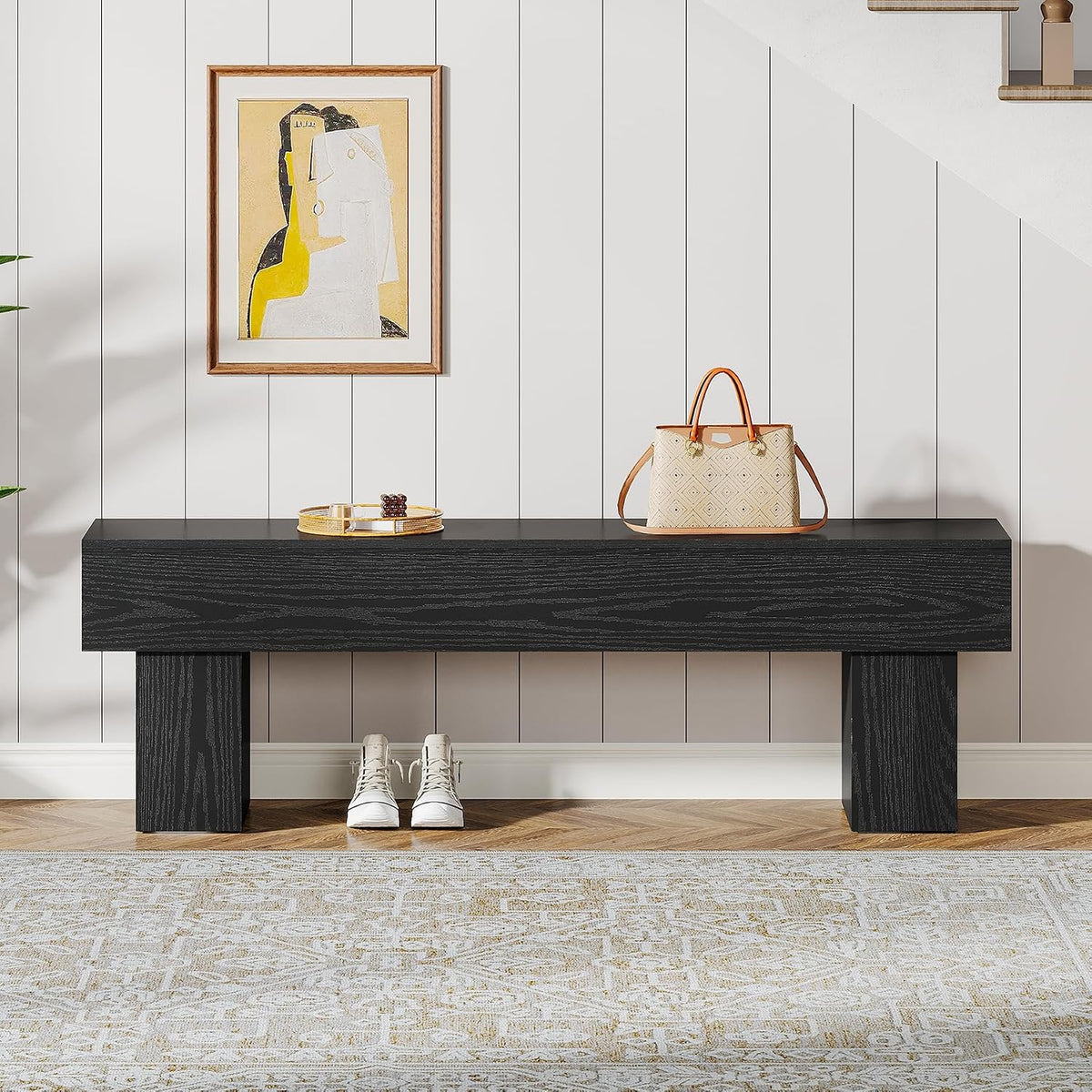 Tribesigns 63" Long Entryway Bench, Rustic Farmhouse End of Bed Bench, Wooden Shoe Bench Seat for Hallway, Living Room, End of Bed, Black