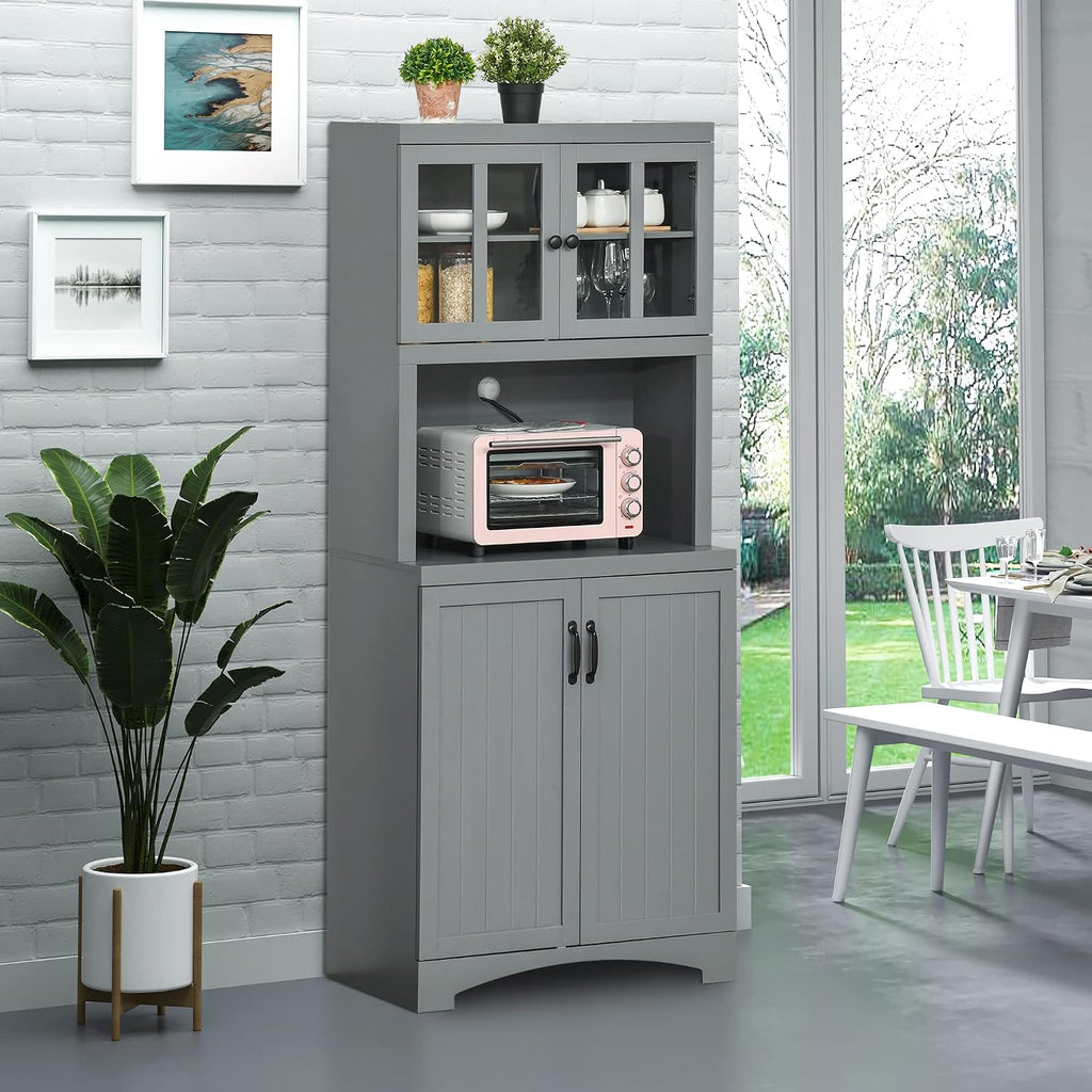 HOMCOM Kitchen Hutch 70" Pantry Cabinet Glass Framed Door Dining Room Gray | Storage Cabinet, Adjustable Shelves, Microwave Space