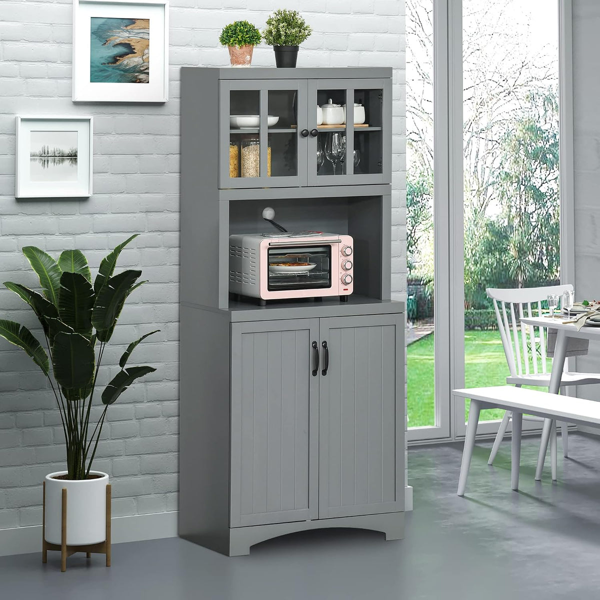 HOMCOM Kitchen Hutch 70" Pantry Cabinet Glass Framed Door Dining Room Gray | Storage Cabinet, Adjustable Shelves, Microwave Space