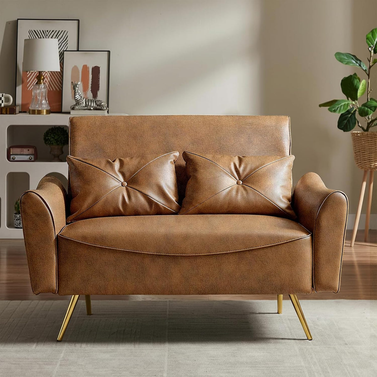 Brelice 47" Faux Leather Loveseat Sofa, Modern Small Couch for Small Space with 2 Pillows, 2 Seater Couch for Living Room, Bedroom, Office, Apartment (Brown)