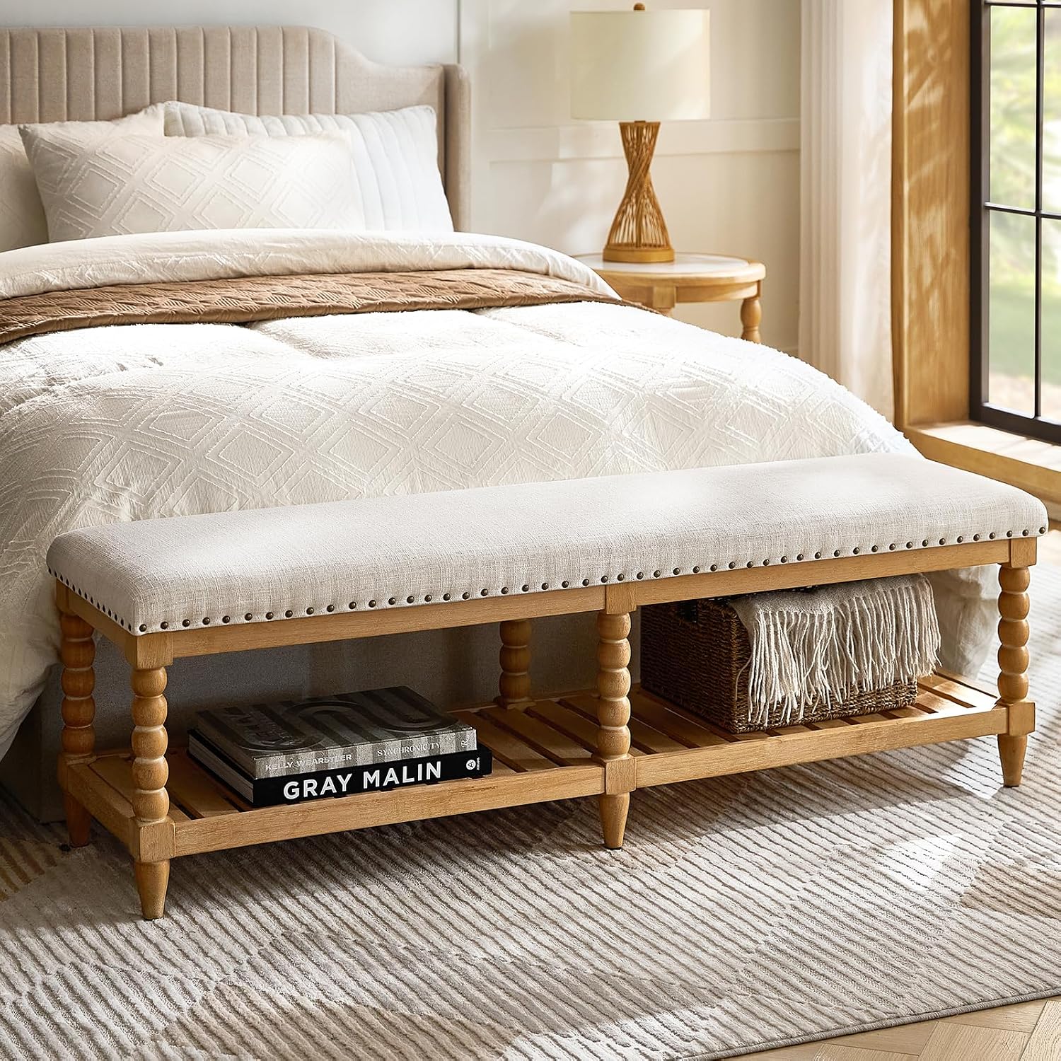 HULALA HOME Entryway Bench with Soild Wood Shelf, 58" Upholstered Shoe Storage Bench with Spindle Legs, Nailhead Trim Detail for Bedroom, Living Room, Hallway, Ivory
