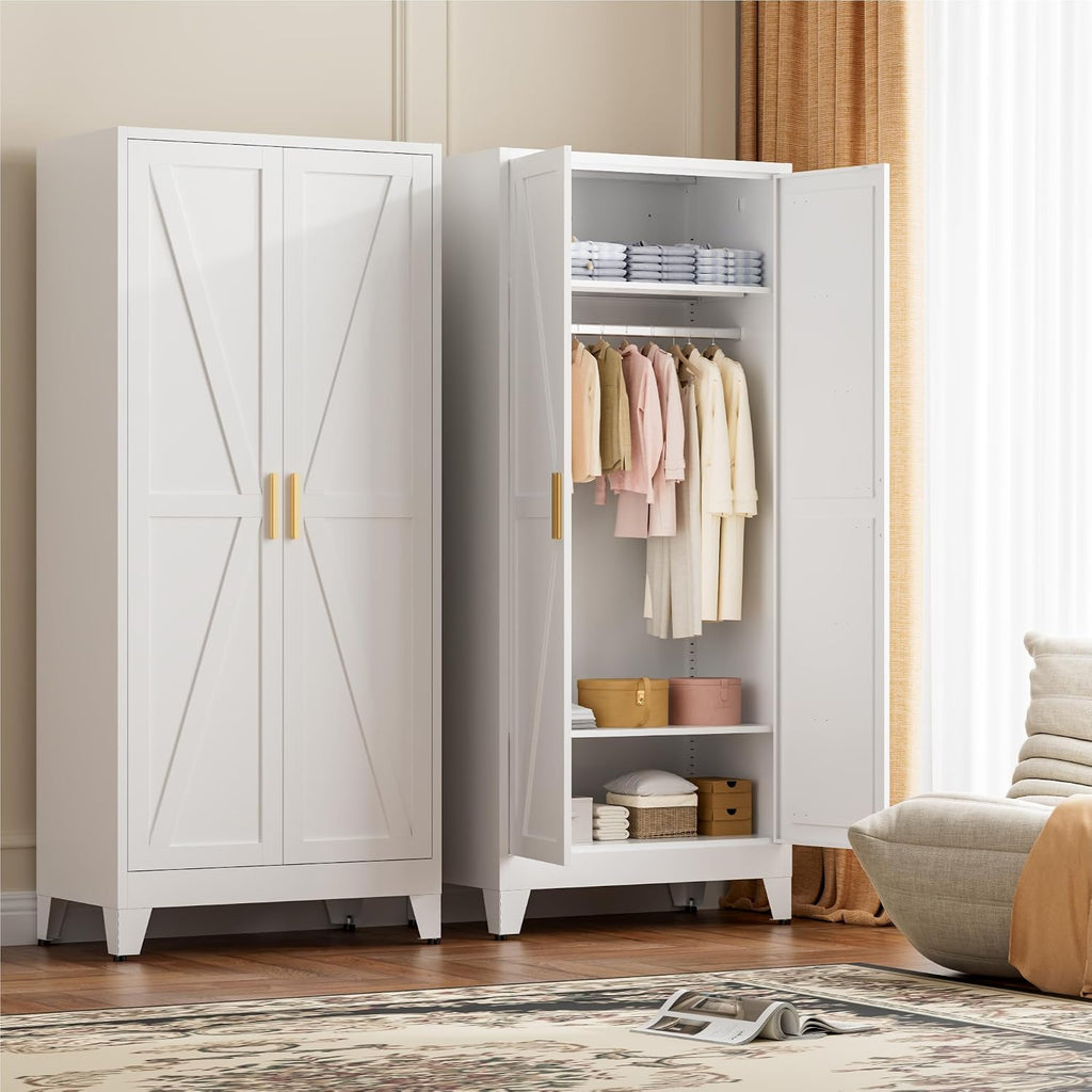 LCAOPC 71" Tall Metal Wardrobe Closet with Adjustable Shelves and Hanging Rod, 2 Doors Free Standing Armoire Wardrobe Cabinet for Bedroom, Office, Laundry Room, White
