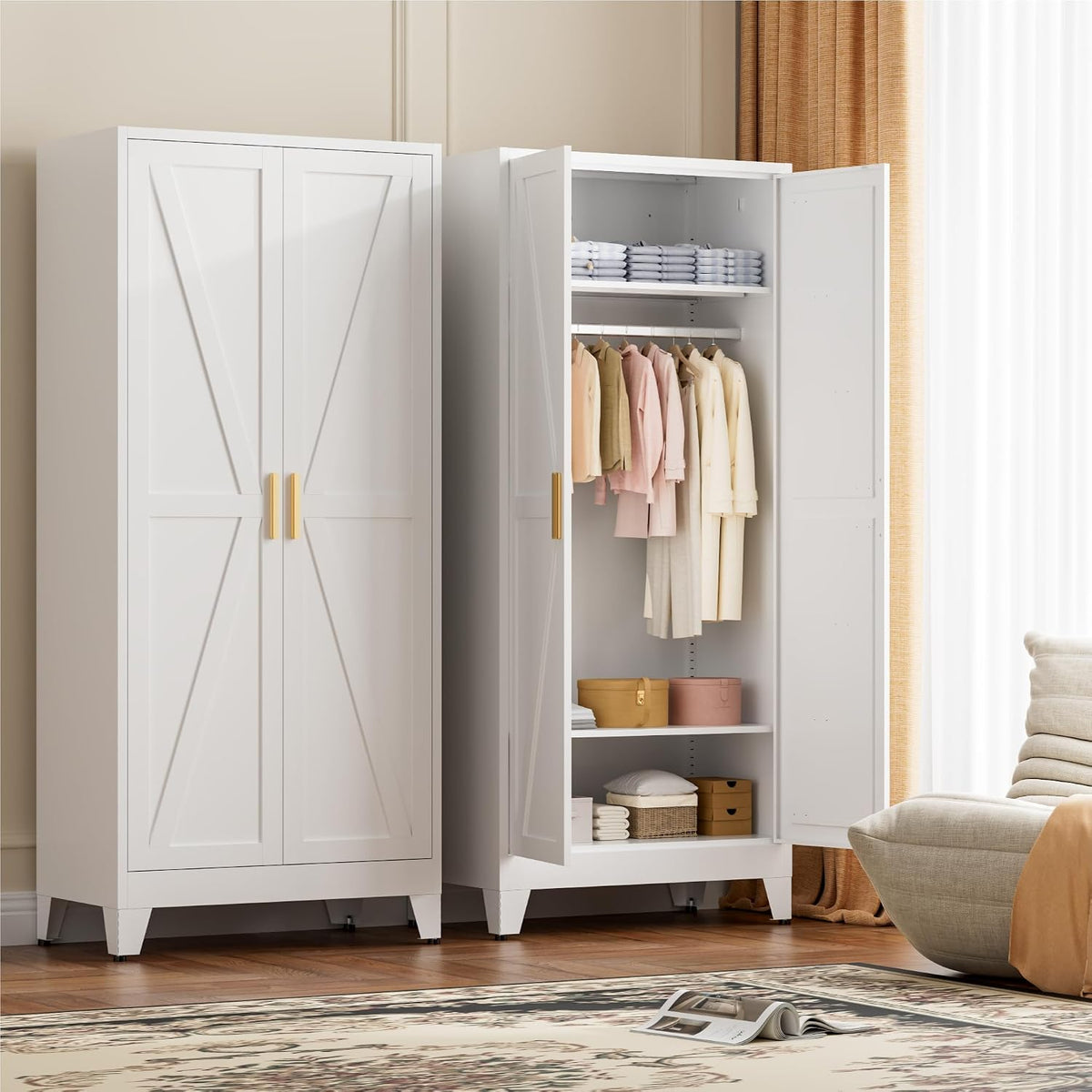 LCAOPC 71" Tall Metal Wardrobe Closet with Adjustable Shelves and Hanging Rod, 2 Doors Free Standing Armoire Wardrobe Cabinet for Bedroom, Office, Laundry Room, White