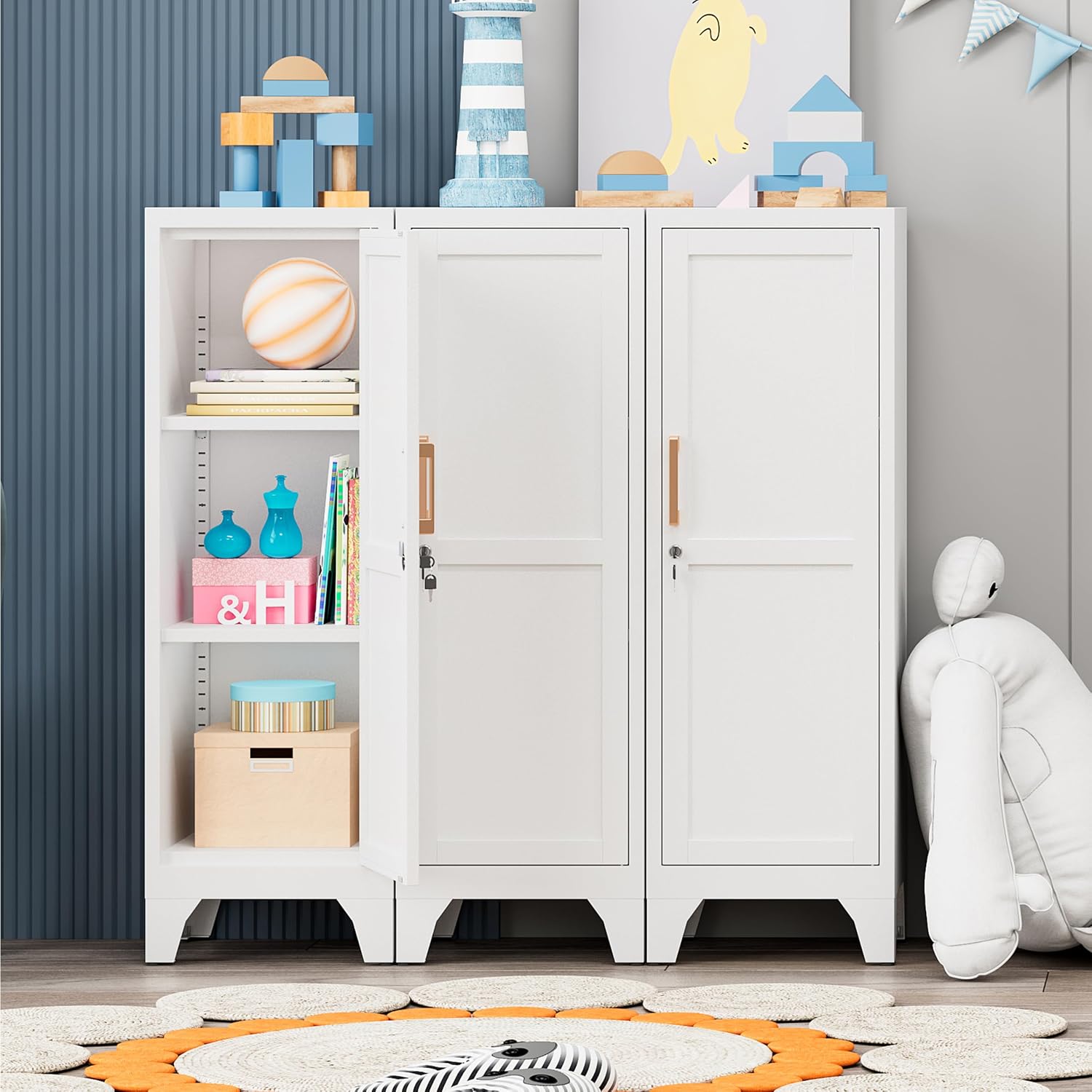 46" Tall Metal Pantry Cabinet, Kitchen Pantry Storage Cabinets with 1 Door and 2 Adjustable Shelves, Small Bathroom Cabinet,Cupboard for Kitchen, Dining Room- Assembly Required/White