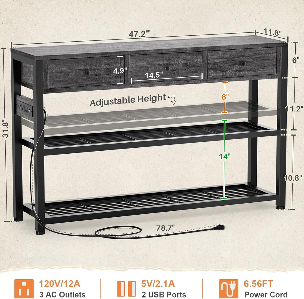 Ecoprsio Entryway Table with Power Outlets, 47" Console Table with Drawers | Sofa Tables Narrow Long, Behind Couch Table Entry Way Table with Shelves Storage for Living Room, Hallway, Grey Oak