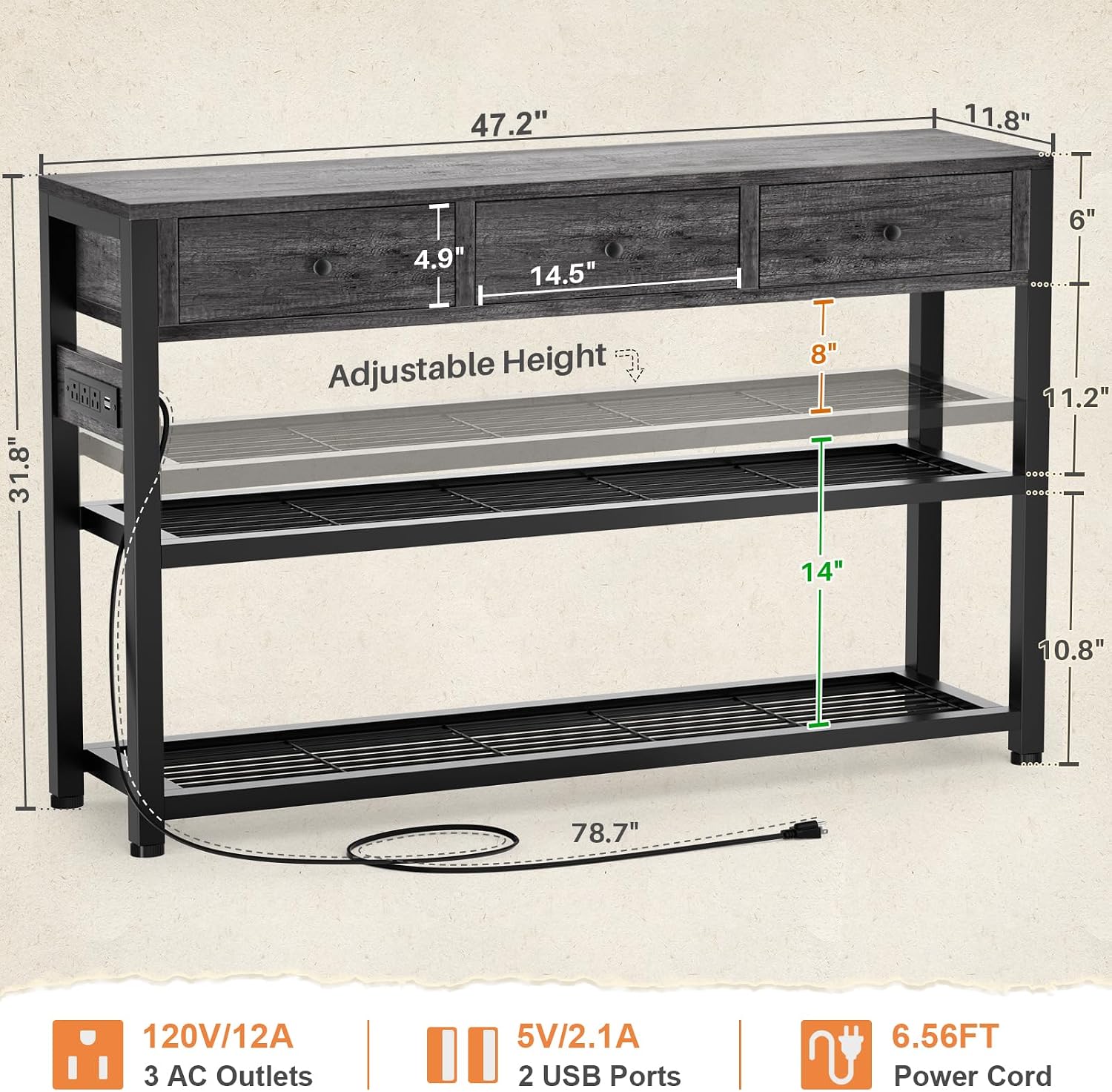 Ecoprsio Entryway Table with Power Outlets, 47" Console Table with Drawers | Sofa Tables Narrow Long, Behind Couch Table Entry Way Table with Shelves Storage for Living Room, Hallway, Grey Oak