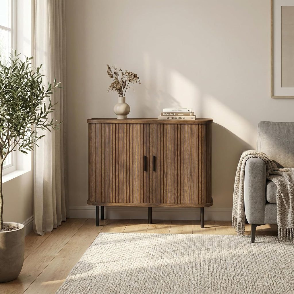 HOMCOM 35.4" Sideboard Buffet Cabinet with Storage, Nordic Coffee Bar Cabinet with Slatted Tambour Doors and Metal Legs, Kitchen Credenza, Walnut