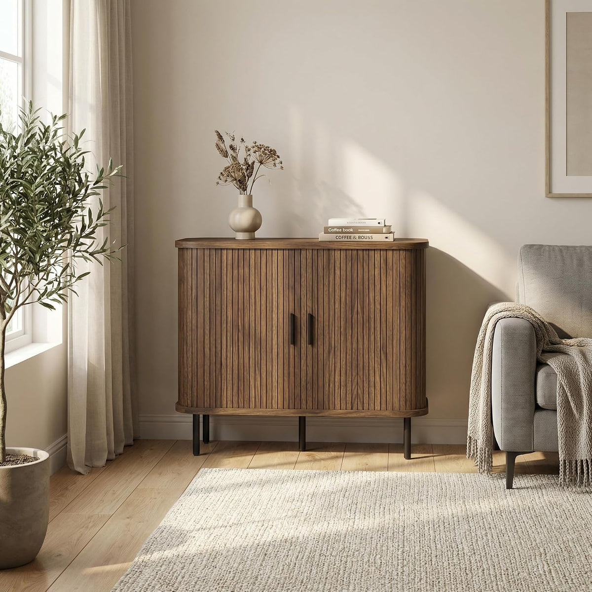 HOMCOM 35.4" Sideboard Buffet Cabinet with Storage, Nordic Coffee Bar Cabinet with Slatted Tambour Doors and Metal Legs, Kitchen Credenza, Walnut