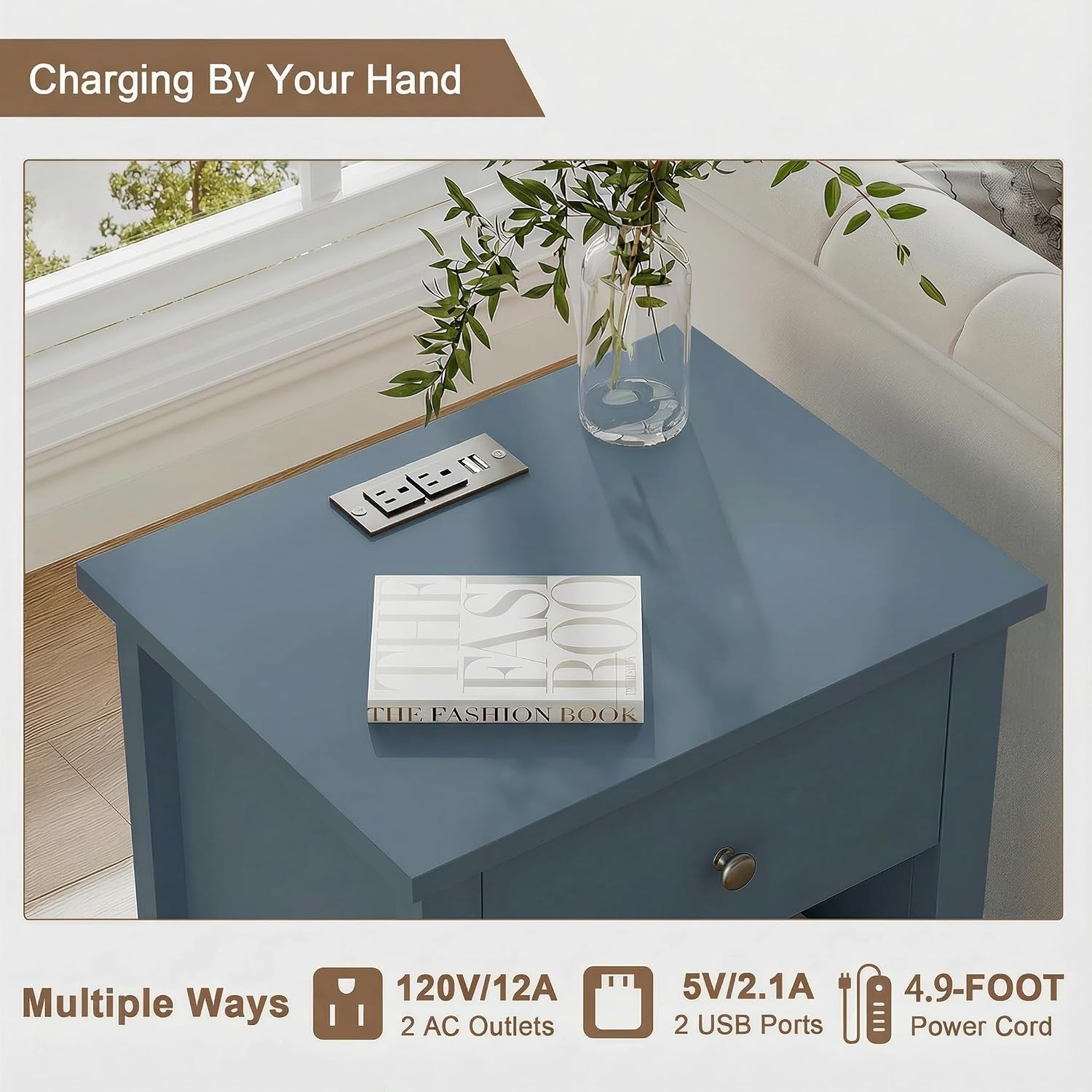 ChooChoo Farmhouse Nightstand with Charging Station Set of 2 | Wooden Top Bedside End Table with Drawer and Storage Space for Bedroom, Blue