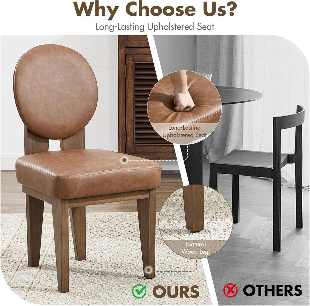 Hyfirm Mid-Century Modern Walnut Dining Chairs Set of 4, Vintage Brown Leather Wooden Kitchen Chairs, Retro Upholstered PU Cushioned Seat with Curved Backrest, Armless Accent Side Chair for Bedroom