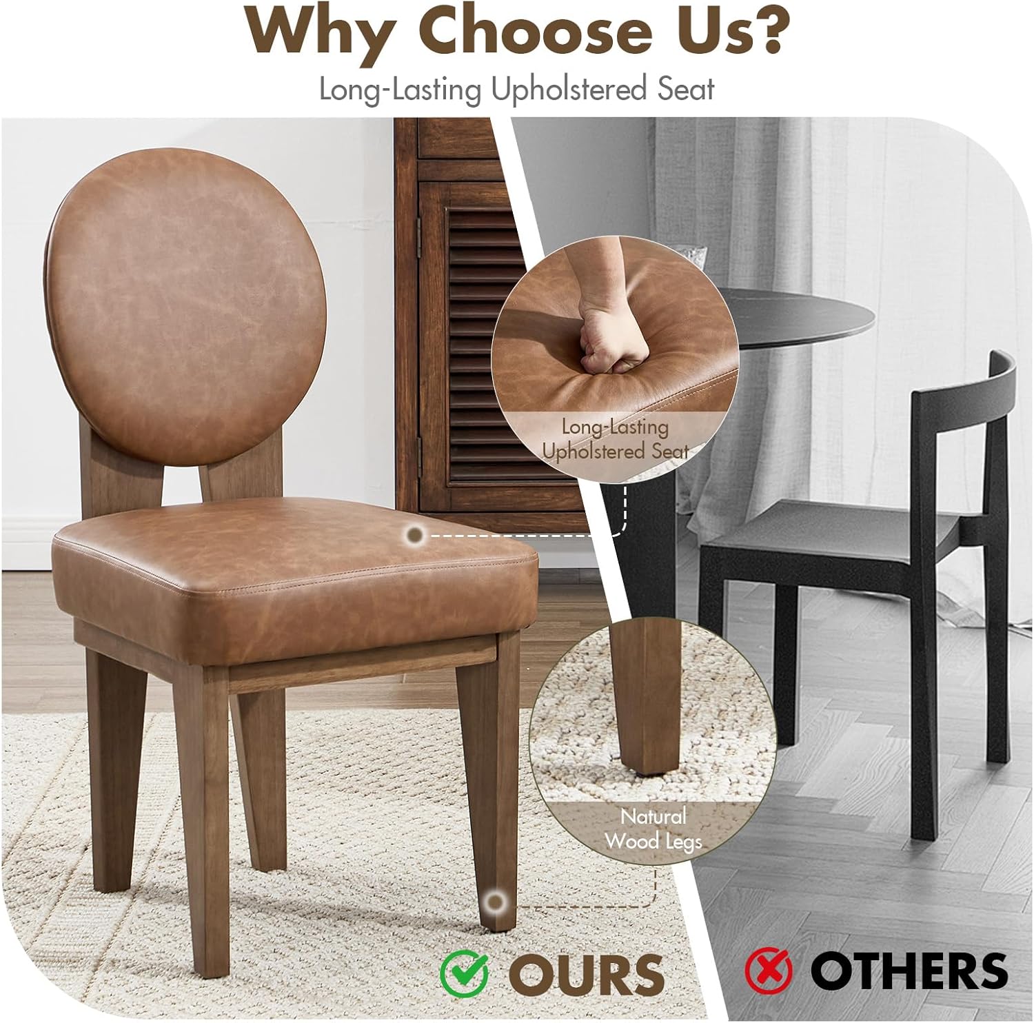 Hyfirm Mid-Century Modern Walnut Dining Chairs Set of 4, Vintage Brown Leather Wooden Kitchen Chairs, Retro Upholstered PU Cushioned Seat with Curved Backrest, Armless Accent Side Chair for Bedroom