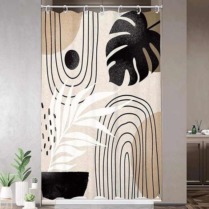 Glawry Boho Mid Century Shower Curtain Small Stall Abstract Black Beige Brown Plant Tropical Palm Leaf Minimalist Bathroom Modern 48Wx72L Inches Bath Accessories Art Home Decor Fabric 8 Pack Hook
