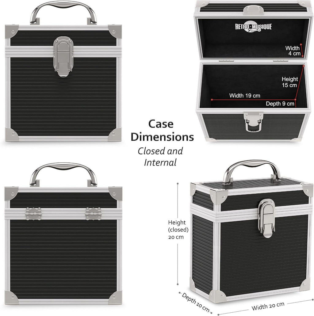 Aluminium 7" Vinyl Record EP Storage Case Holds up to 35 EPs (in PVC Sleeves) includes 35 Vinyl Record Outer Sleeves, Black, Retro Chic