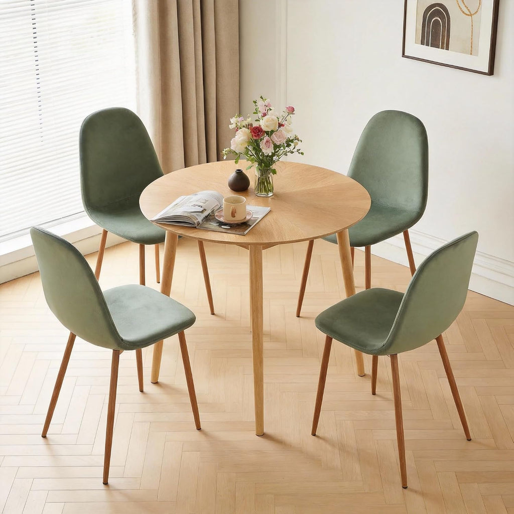 Small Dining Table Set for 4, Modern Round Dining Table with 4 Velvet Dining Chairs in Metal Legs, Easy Assembly for Compact Spaces - Green