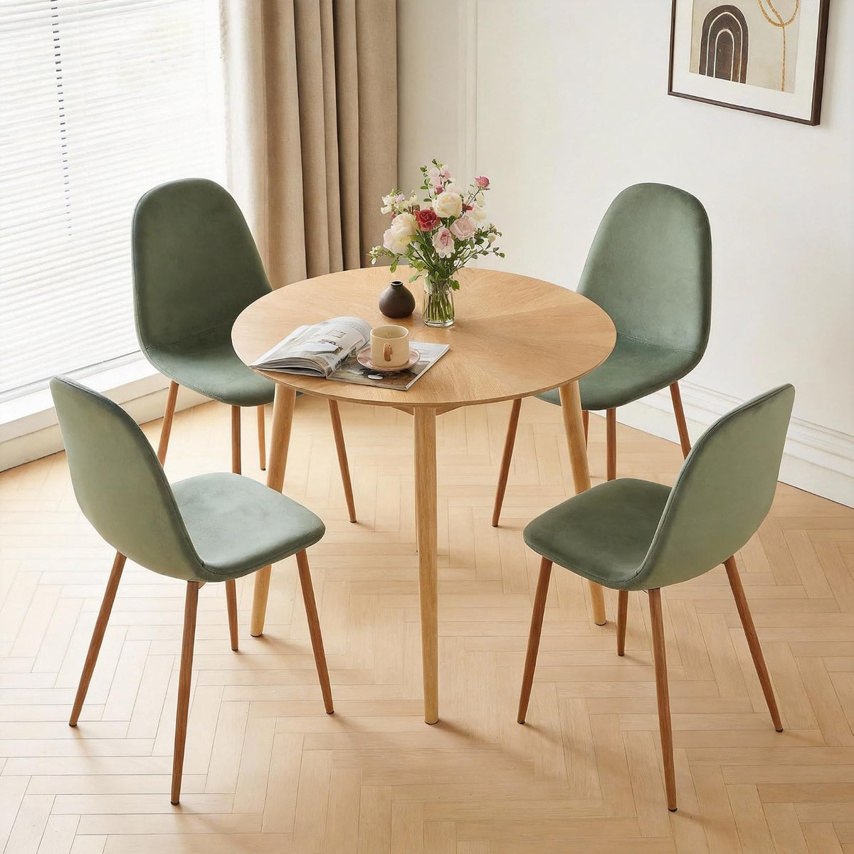 Small Dining Table Set for 4, Modern Round Dining Table with 4 Velvet Dining Chairs in Metal Legs, Easy Assembly for Compact Spaces - Green