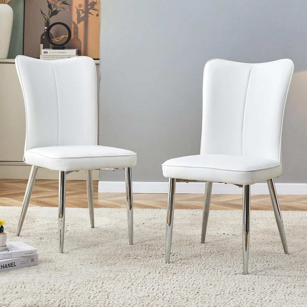 Dining Room Chairs Set - 2x Modern Faux Leather High Back Armless Chairs, Chrome Legs, Upholstered for Home, Living Room