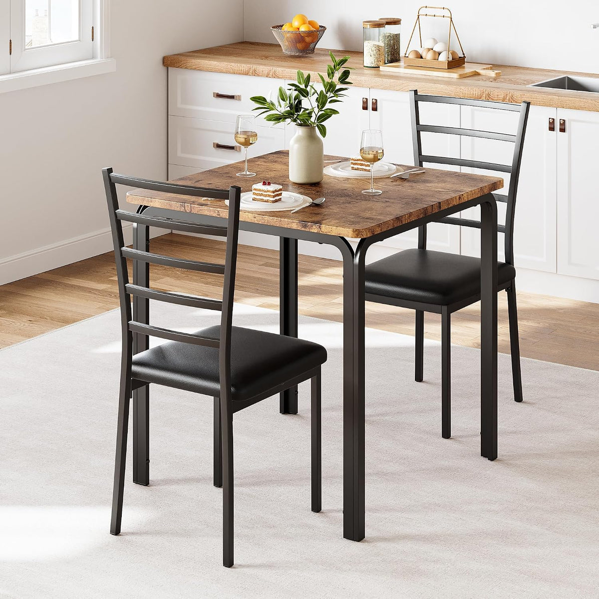 GarveeHome 3-Piece Kitchen Dining Room Table Chair Set for Small Space, Indoor Modern Dinette Set for 2, Square Dinner Table Set for Dinette (Rustic Brown‌, Dining Table with 2 Chairs)