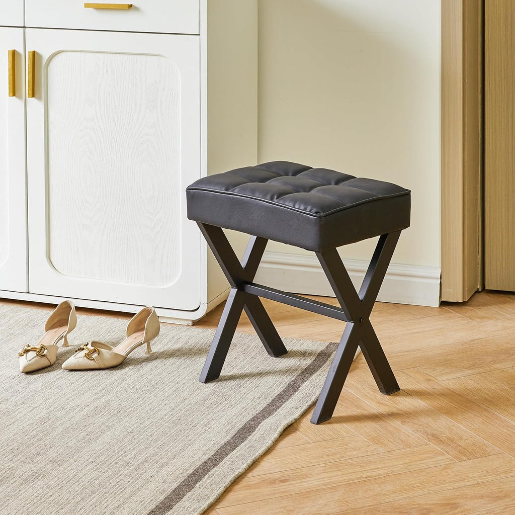 IBUYKE Square Makeup Stool with X-Leg, PU Vanity Chair, Black LG-71B | Footrest Ottoman Seat Multi-Use Small Side Table Bedroom Living Room