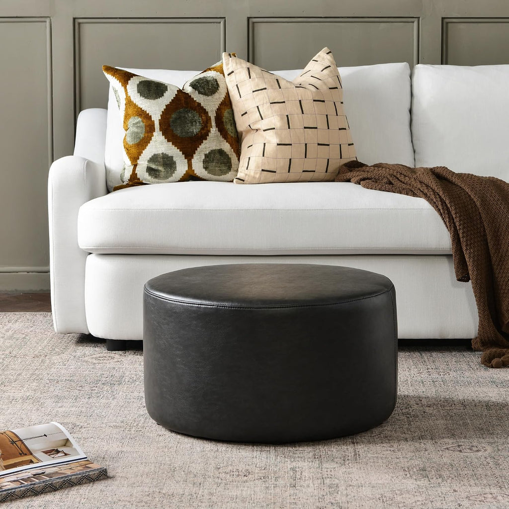 KINWELL Modern Faux Leather Round Upholstered Ottoman, Multi-Functional Sofa Footrest, Side Table, Extra Seating for Living Room, Bedroom (Black, 24" D x 24" W x 13" H)