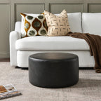 KINWELL Modern Faux Leather Round Upholstered Ottoman, Multi-Functional Sofa Footrest, Side Table, Extra Seating for Living Room, Bedroom (Black, 24" D x 24" W x 13" H)