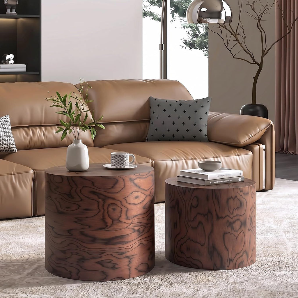 Round Nesting Coffee Table Set of 2, Modern Circle Accent End Table | Wooden Side Table, Small Drum Center Table, Natural Swirl Grain Rustic Side Set for Living Room, Small Space, No Assembling
