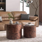 Round Nesting Coffee Table Set of 2, Modern Circle Accent End Table | Wooden Side Table, Small Drum Center Table, Natural Swirl Grain Rustic Side Set for Living Room, Small Space, No Assembling