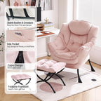 Furlide Lazy Chair with Ottoman, Modern Chair with Folding Footrest, Lounge Accent Chair, Comfortable Reading Chair, Oversized Armchairs for Bedroom, Study, Living Room, Courtyard (Pink)