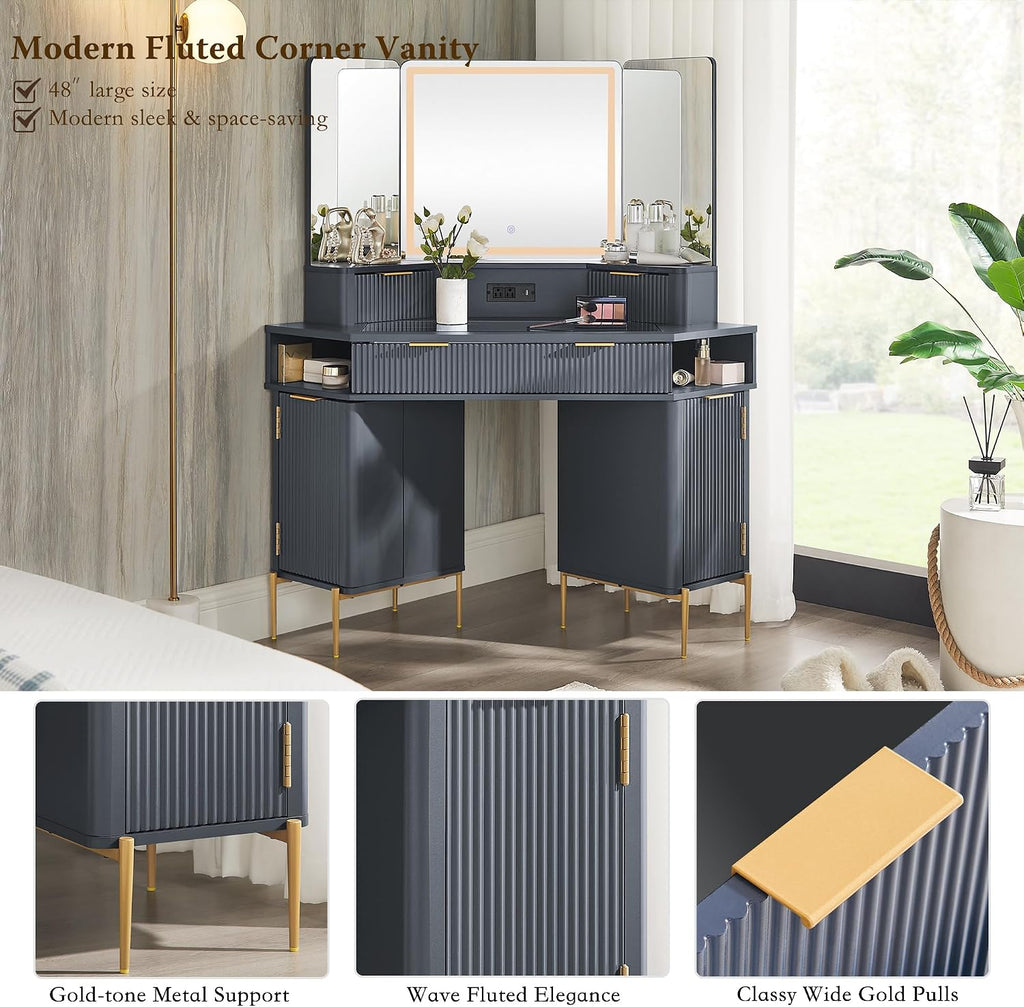 T4TREAM 48" Corner Makeup Vanity with Lighted Triple Mirror, Dark Grey