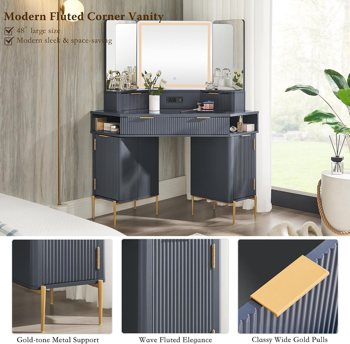 T4TREAM 48" Corner Makeup Vanity with Lighted Triple Mirror, Dark Grey