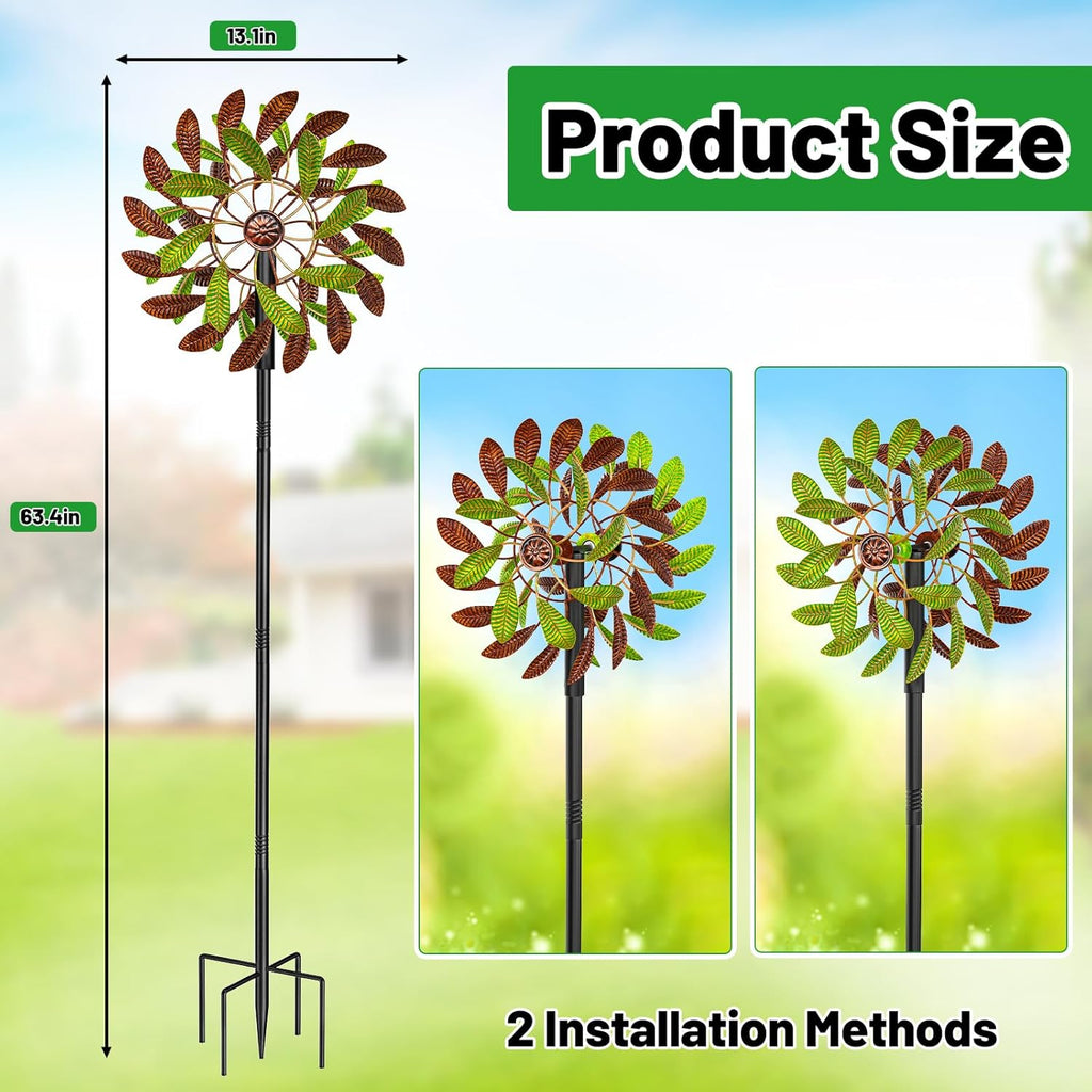 Metal Garden Wind Spinners Outdoor, 360 Degrees Kinetic Yard Windmills Garden Decor for Outside, Wind Sculptures & Spinners for Lawn Patio Ornaments(Brown+Green)