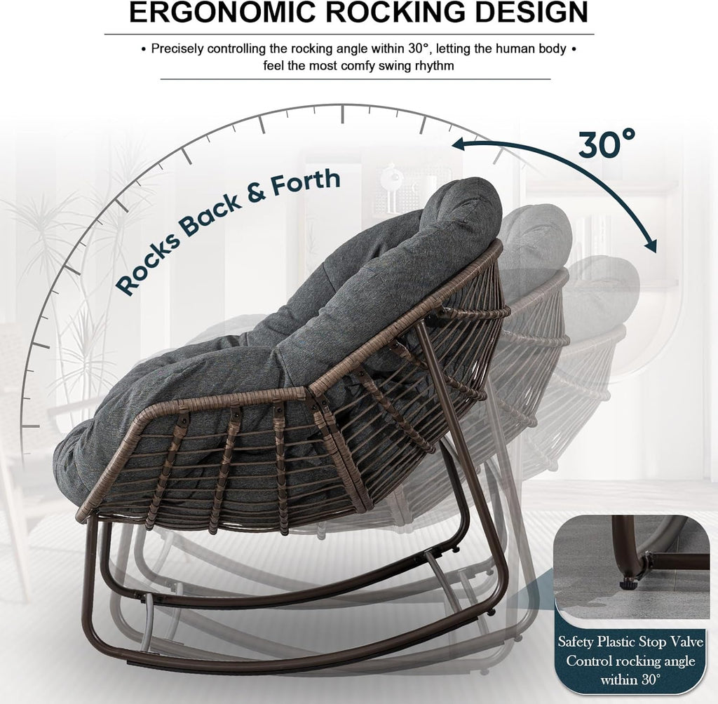 Outdoor Rocking Chair Set of 2, Patio Oversized Wicker Egg Rocking Chair, Indoor & Outdoor Comfy Rocker Chair with Thick Cushion, Modern Lounge Chair for Balcony, Porch, Garden, Backyard, Deck, Grey